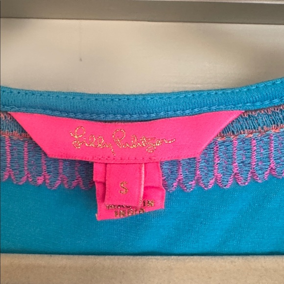 Lilly Pulitzer Turquoise Dress/Coverup with Pink and Orange Pom Pom Trim- Size S - Picture 4 of 6